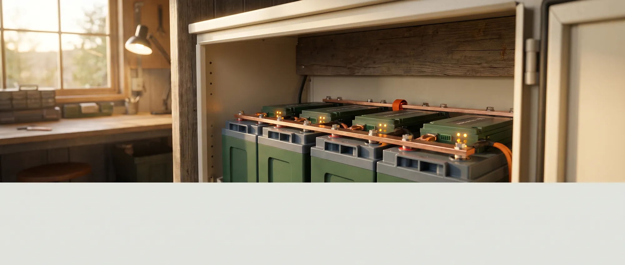 Bank of LiFePO4 deep-cycle batteries wired in an off-grid power cabinet