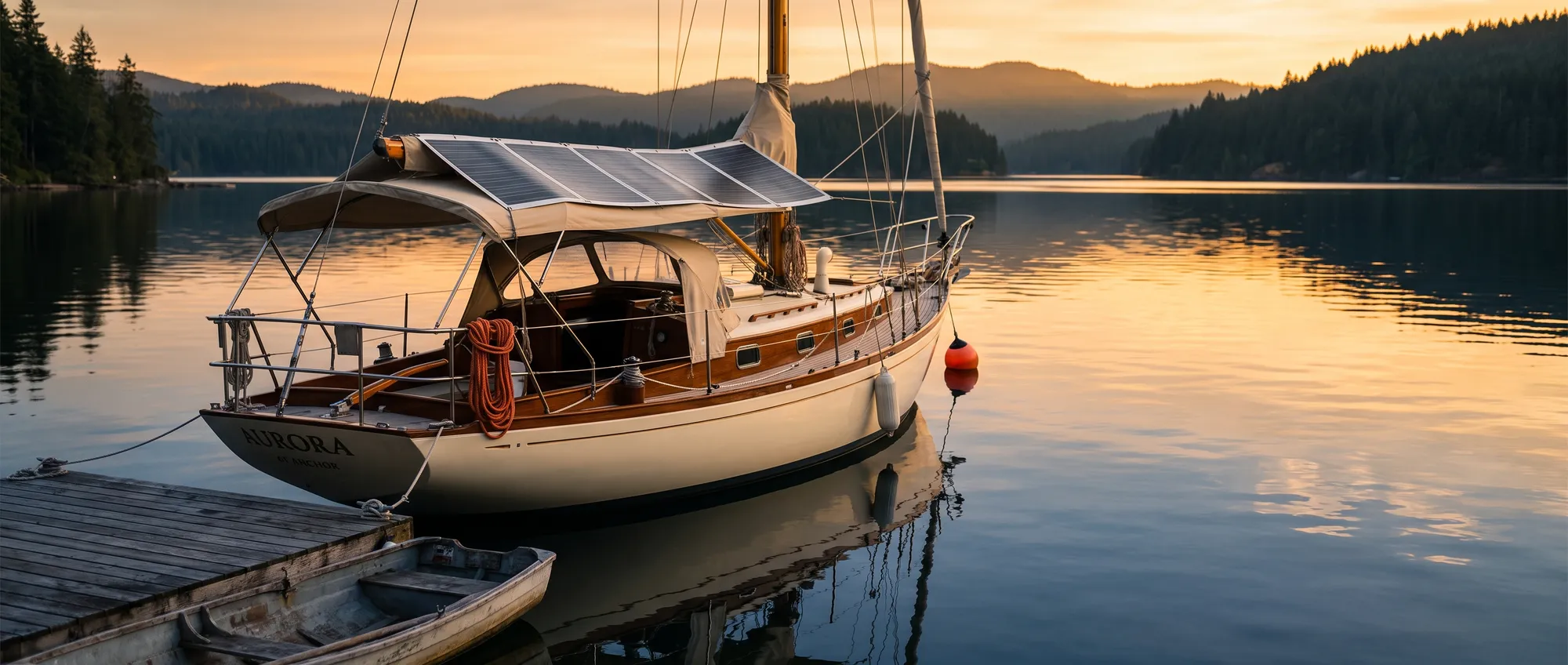 Sailboat at anchor in a calm cove at golden hour with solar panels on the bimini