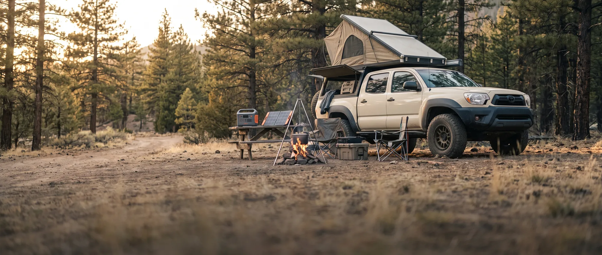 Overlanding 4x4 with a rooftop tent and portable power at a backcountry campsite