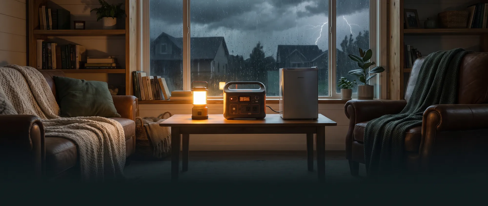 Home interior during a nighttime blackout lit by a portable power station