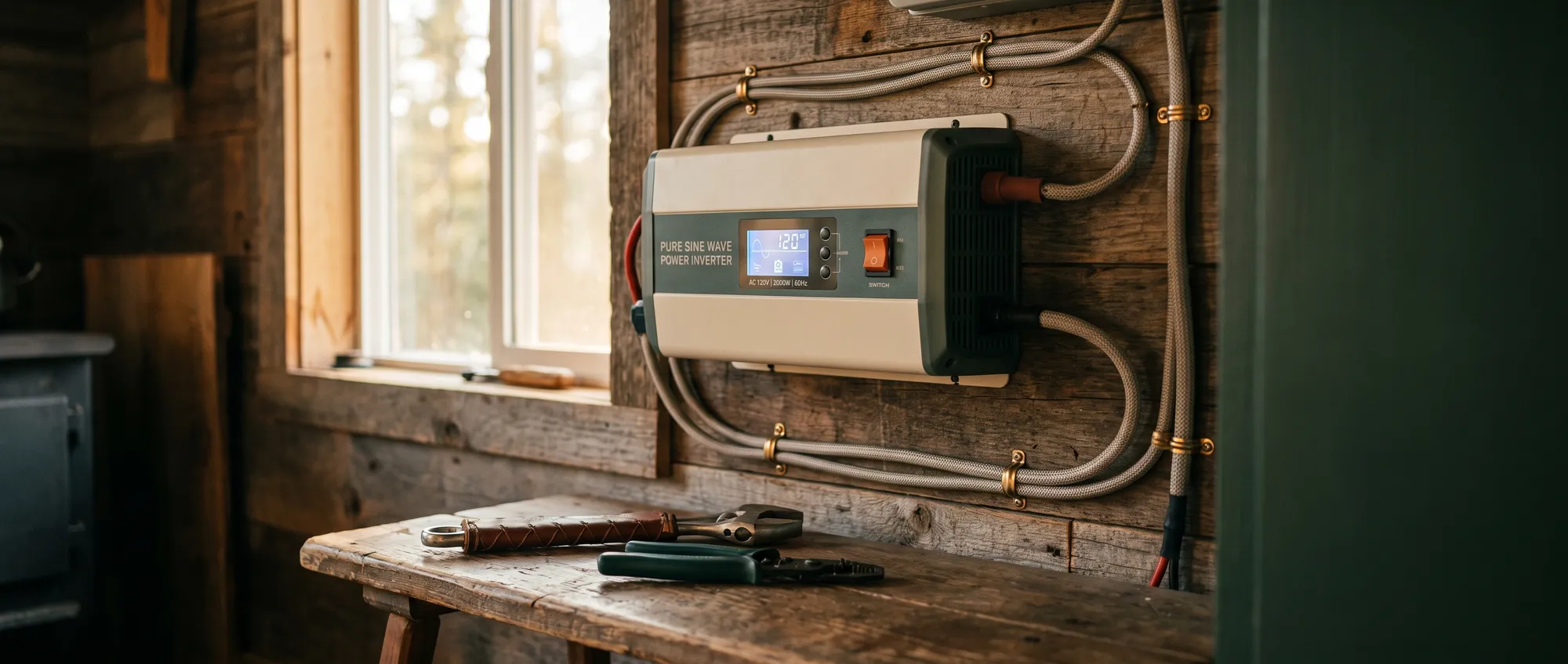 Pure sine wave inverter mounted on a cabin wall with neat wiring