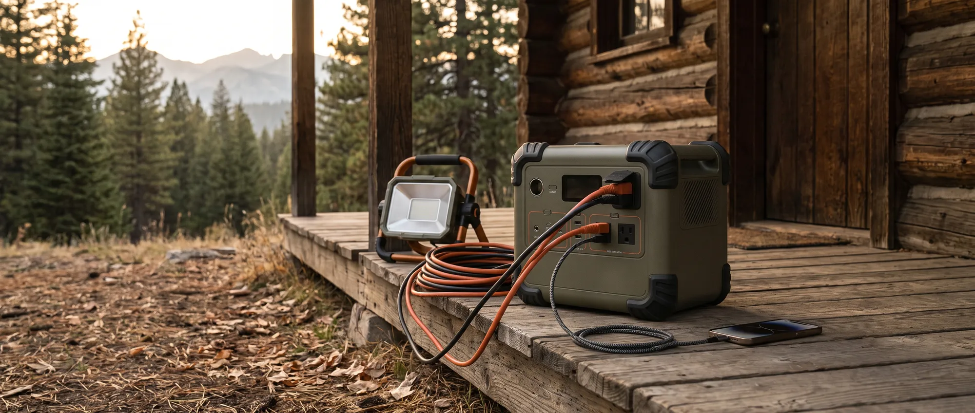 Portable power station charging gear on an off-grid cabin porch at golden hour