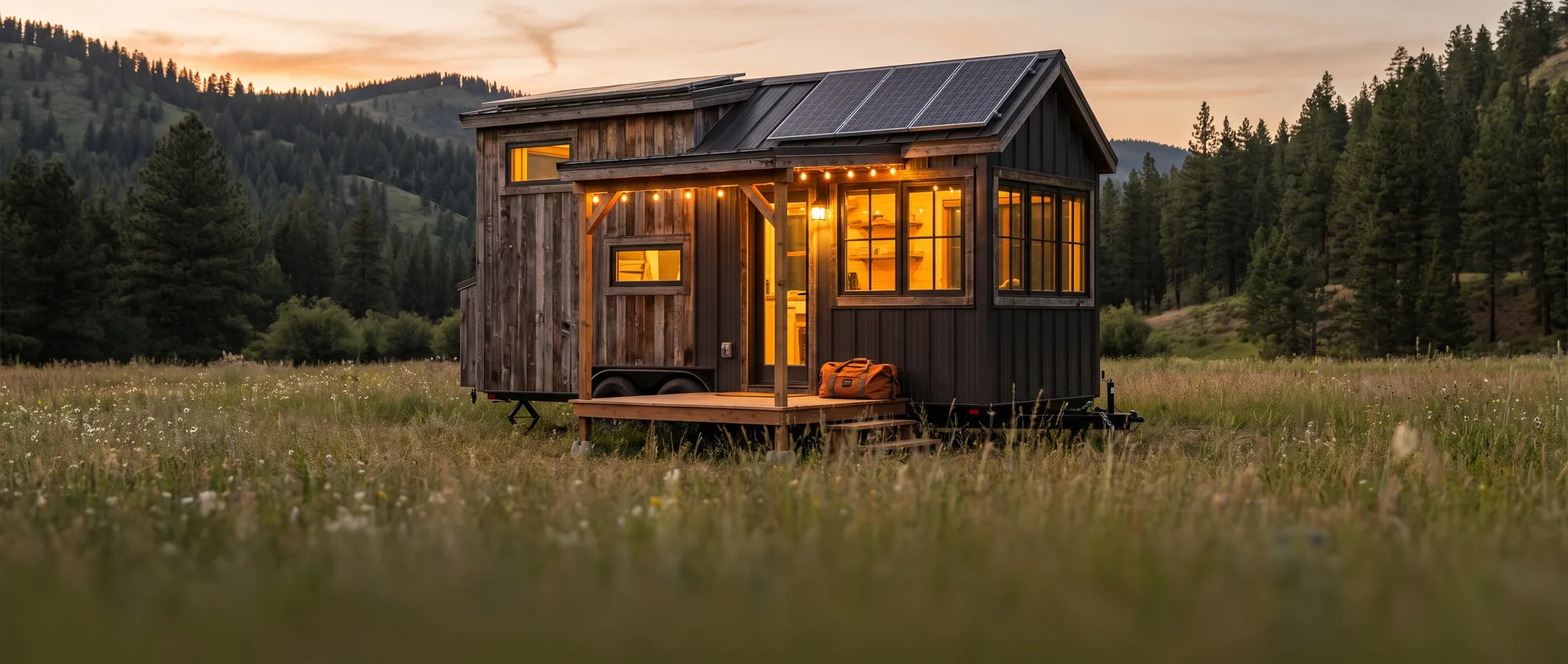 Off-grid tiny house on wheels in a meadow with rooftop solar and glowing windows at dusk