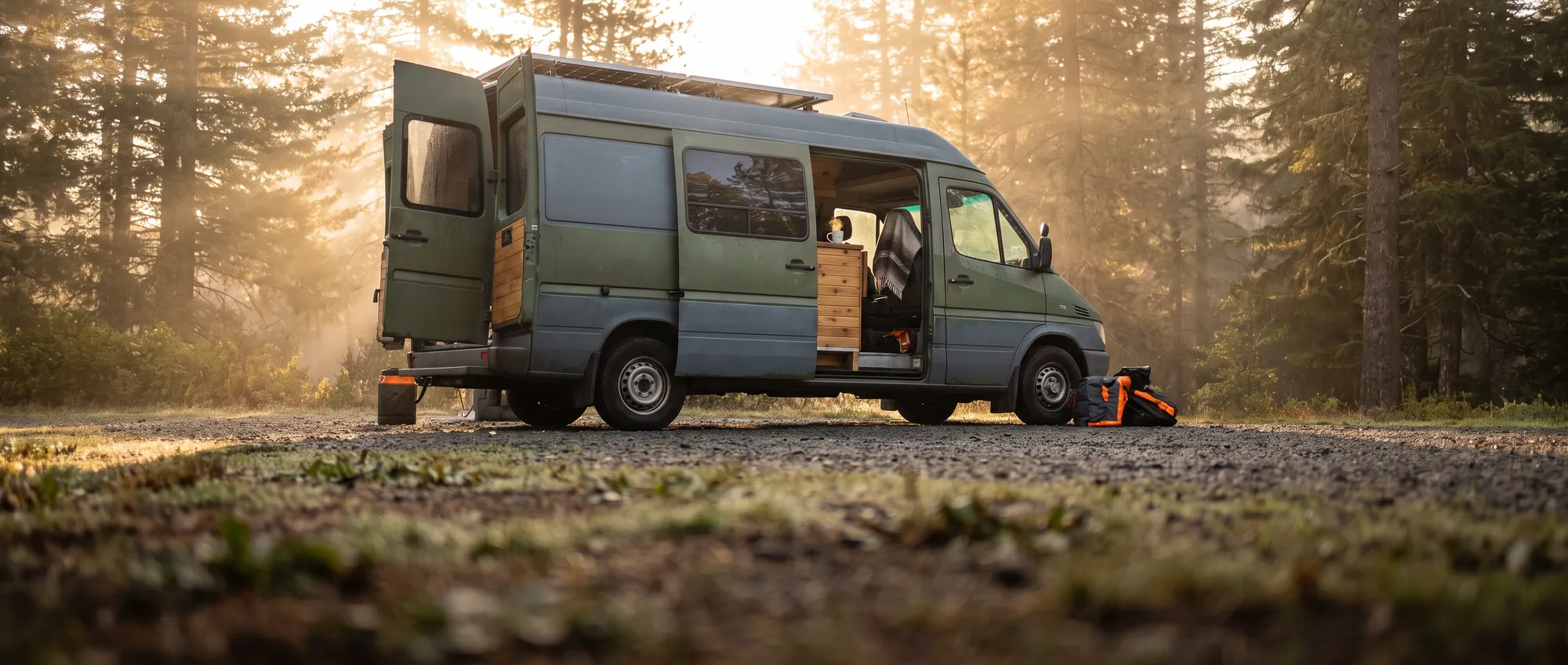 Converted camper van at a forest pullout in morning light with roof-mounted solar