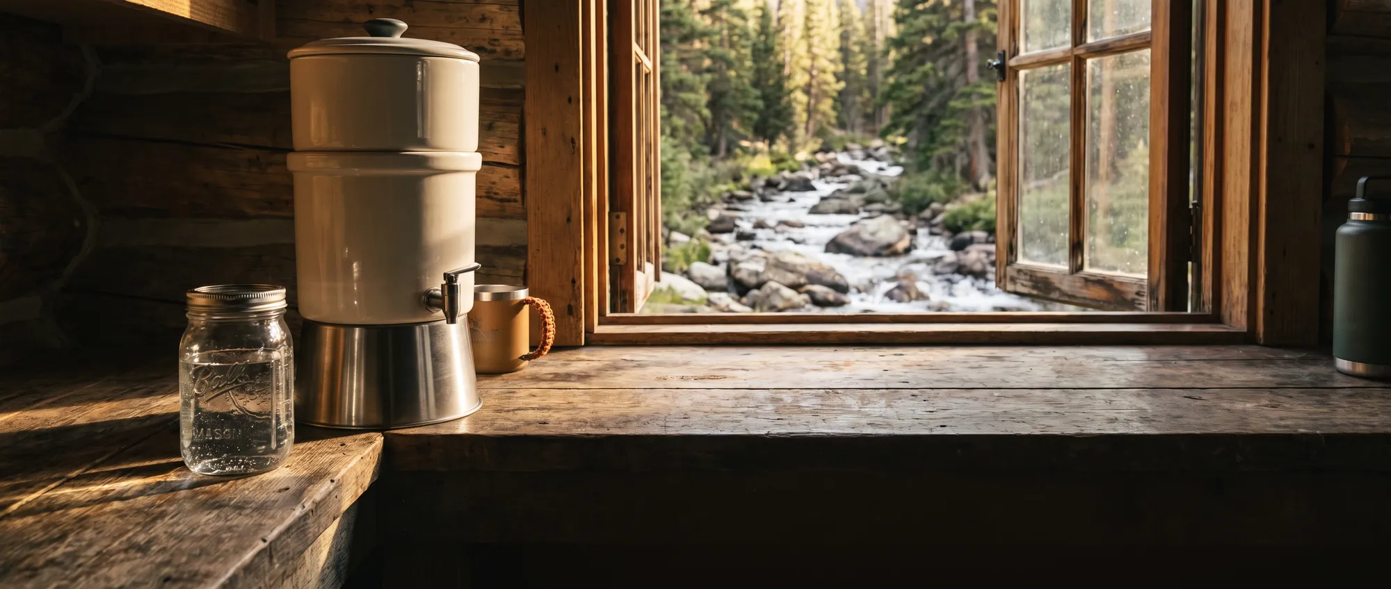 Gravity water filter and a jar of clear water on a rustic cabin counter
